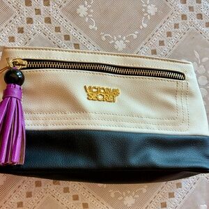 Victoria's Secret Cream and Black Two-Tone Cosmetic Pouch with Purple Tassel